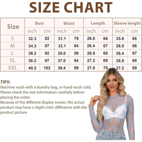 🆕Women’s Beige Polyamide Mesh Sheer Long Sleeve Mock Neck Lace Floral Top - Picture 5 of 5